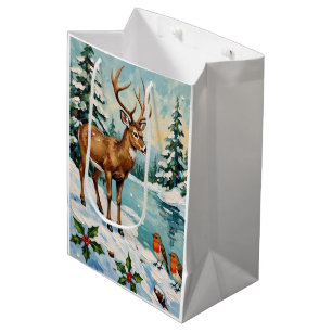 Vintage Deer and Robins Christmas Scene Medium Gift Bag