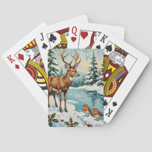Vintage Deer and Robins Christmas Scene Playing Cards