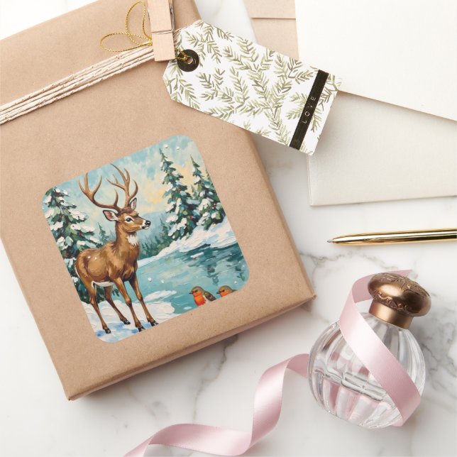 Vintage Deer and Robins Christmas Scene Square Sticker (Gifting)