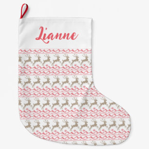 Vintage Deer and snowflakes Pattern Custom Name  Large Christmas Stocking