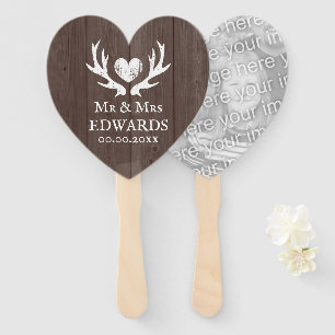 Vintage deer antler brown wood heart shape wedding hand fan