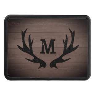 Vintage deer antler monogram dark wood grain trailer hitch cover
