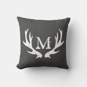 Vintage deer antler throw pillow Grey and white