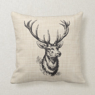 Vintage Deer Antlers on Faux Linen texture Throw Pillow
