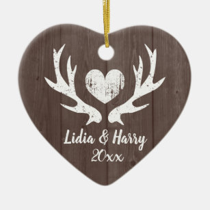 Vintage deer antlers wood heart 1st Christmast Ceramic Ornament