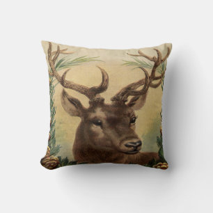 Vintage Deer Buck Stag Nature Rustic Christmas Throw Pillow