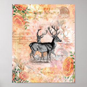 Vintage Deer Floral Collage Poster