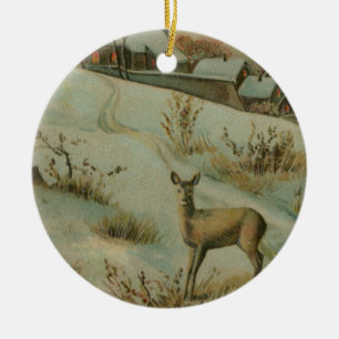 Vintage Deer Hill Snowy Country Village Christmas Ceramic Ornament
