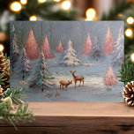 Vintage Deer In Snowy Forest Pink Christmas Trees Holiday Card<br><div class="desc">Vintage Deer In Snowy Forest Pink Christmas Trees Holiday Card. This design features vintage deer in the snowy woods surrounded by pink Christmas trees. What a beautiful retro holiday scene. Personalize this custom design with your own inside greeting.</div>