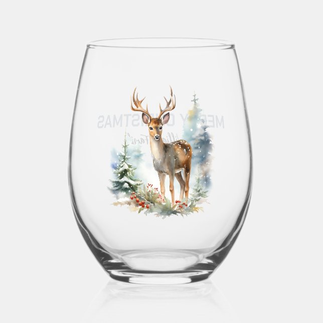 Vintage Deer In The Woods Stemless Wine Glass (Front)