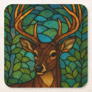 Vintage Deer Tiffany Style Stained Glass Art Square Paper Coaster