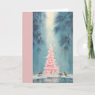 Vintage Deer with Pink Tree in Forest Holiday Card