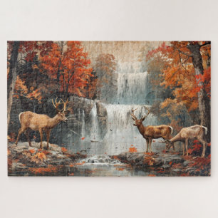 Vintage Deer Woodland Waterfall 20x30 Jigsaw Puzzle