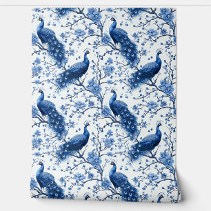 Vintage Delft Blue Dutch Floral Elegant Peacock Wallpaper