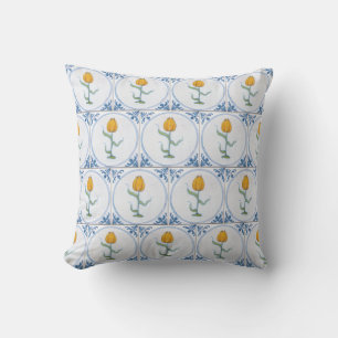 Vintage Delft Tulip Faux Tile Pattern Pillow