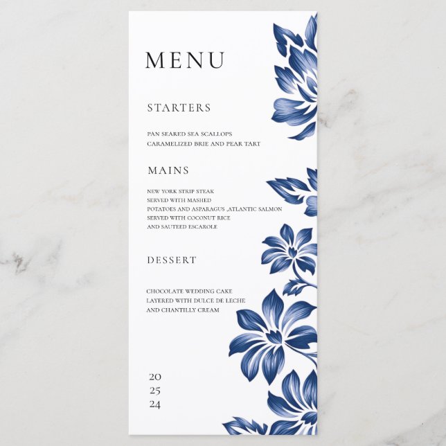 Vintage Delftware style Blue Floral Wedding Menu (Front)