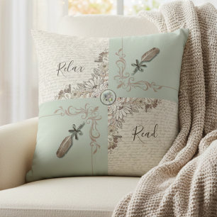 Vintage Delicate Green Elegant Manuscript Throw Pillow