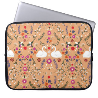 Vintage delicate small flower with white swan and  laptop sleeve