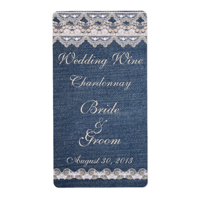 Vintage Denim and Lace Wedding Wine Label (Front)