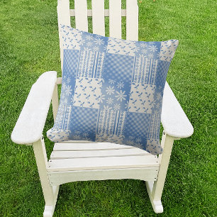 Vintage Denim Blue Creamy White Patchwork  Throw Pillow