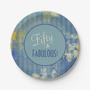 Vintage Denim Blue Fifty & FABULOUS! Birthday Paper Plate