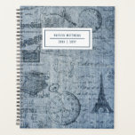 Vintage Denim Eiffel Tower Name Planner<br><div class="desc">This stylish planner notebook features a vintage denim design, including drawings of the Eiffel Tower, a pocket watch, typewriter, postage stamp, and more. Easy to personalize for any use - a gift, back to school, college, teens, moms, etc! The back contains the same background design as the front. Great for...</div>