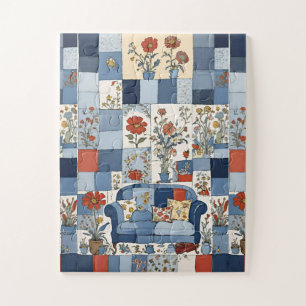 Vintage Denim Floral Patchwork with Sofa Jigsaw Puzzle
