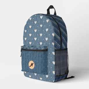 Vintage Denim-Print Hearts Stripes Plaid Printed Backpack