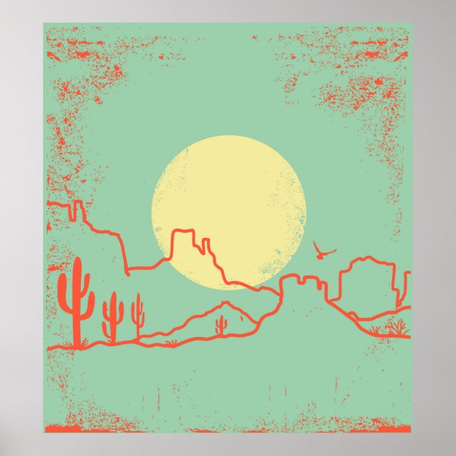 Vintage Desert landscape with Cactuses and Canyon. Poster (Front)