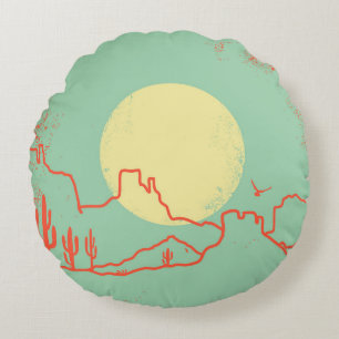 Vintage Desert landscape with Cactuses and Canyon. Round Pillow