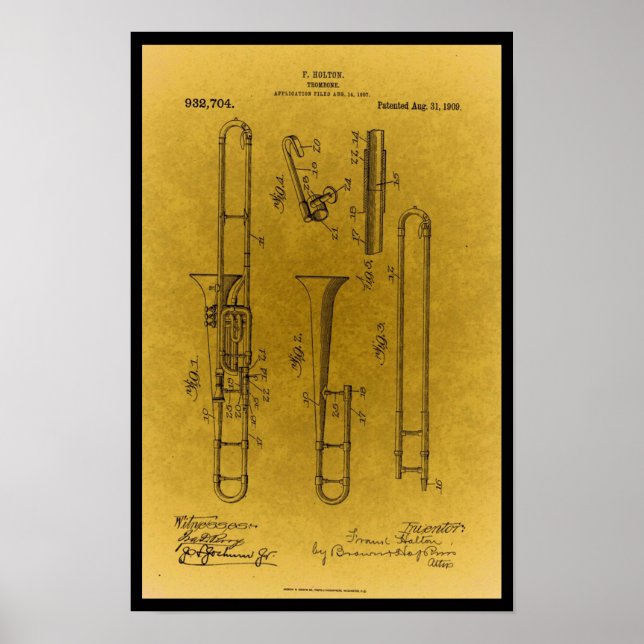 Vintage Design Retro Trombone Patent Print (Front)
