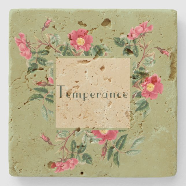 Vintage Design Sage Green Pink Roses Stone Coaster (Front)