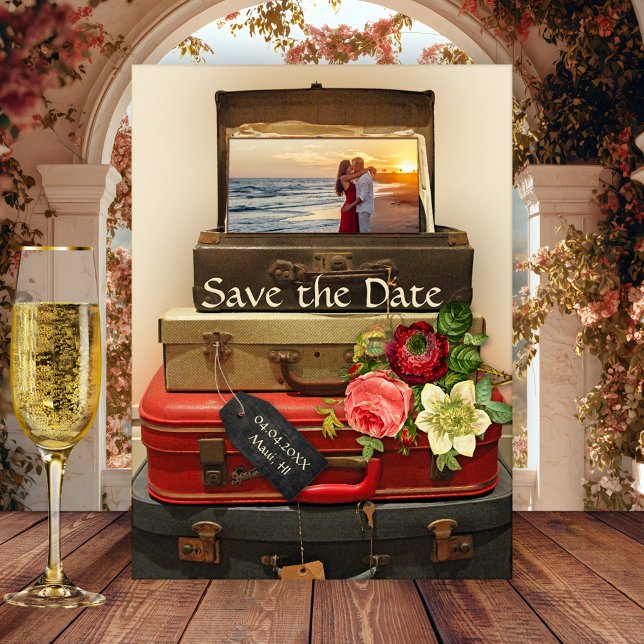 Vintage Destination Save the Date Postcard (Vintage destination wedding or travel Save the Date postcard with your photo on retro suitcases)