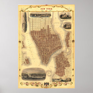 Vintage Detailed New York Map Poster 1851