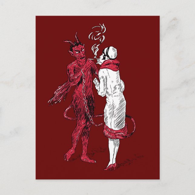 Vintage Devil and Woman Smoking Postcard (Front)