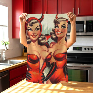 Vintage Devil Girls Illustration Kitchen Towel