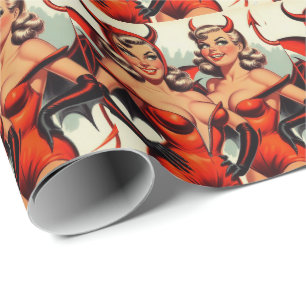 Vintage Devil Girls Illustration Wrapping Paper