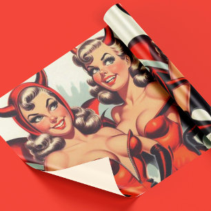 Vintage Devil Girls Illustration Wrapping Paper
