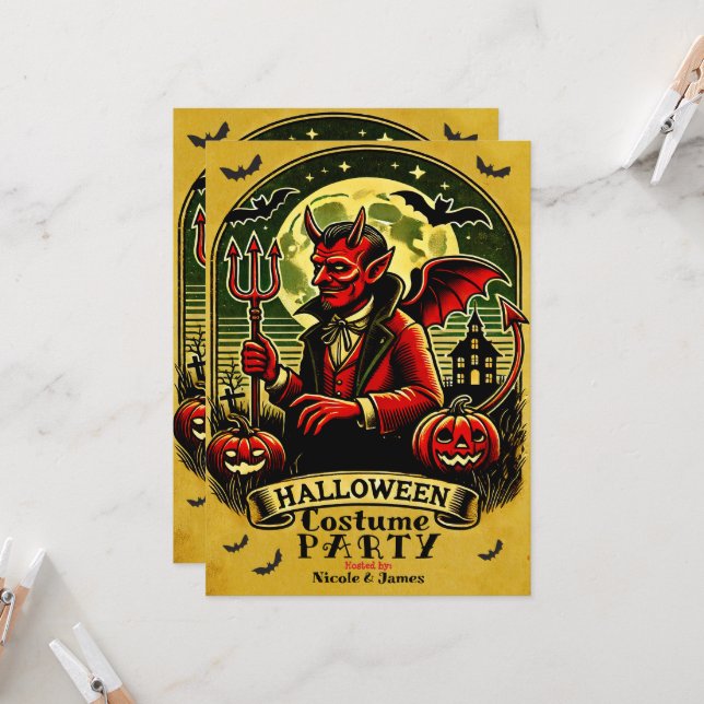 Vintage Devil in Graveyard Yellow Halloween Party  Invitation (Front/Back In Situ)