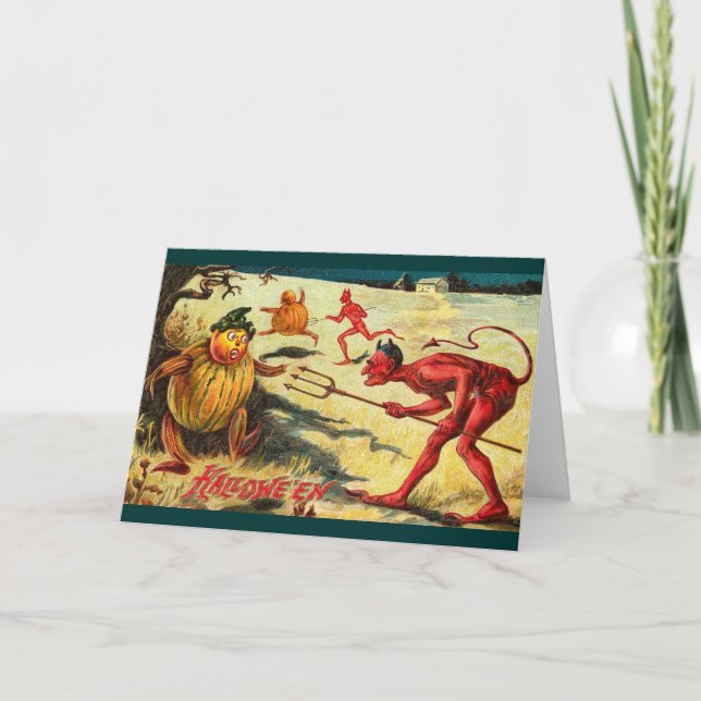 Vintage Devils chasing Goblins, Halloween Cheer! Card (Front)