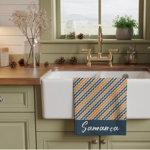 Vintage diagonal geometric orange grey name kitchen towel