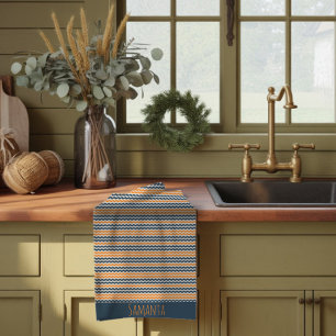 Vintage diagonal geometric orange grey name kitchen towel