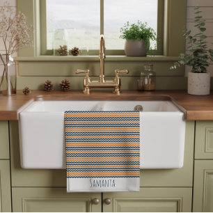 Vintage diagonal geometric orange grey name kitchen towel