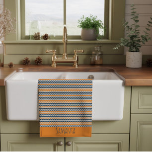 Vintage diagonal geometric orange grey name kitchen towel