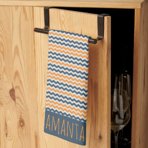 Vintage diagonal geometric orange grey name kitchen towel