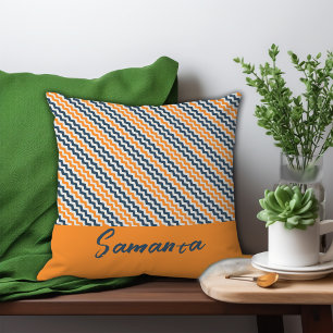 Vintage diagonal geometric orange grey name throw pillow
