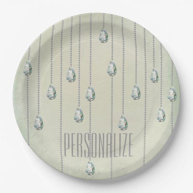 Vintage diamond teal rhinestone  elegant paper plate (Front)