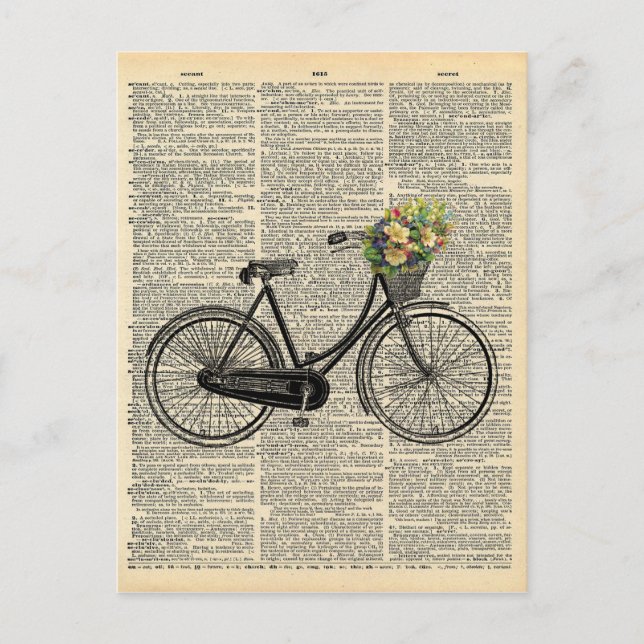 Vintage Dictionary Art Bicycle with Flowers Postcard (Front)