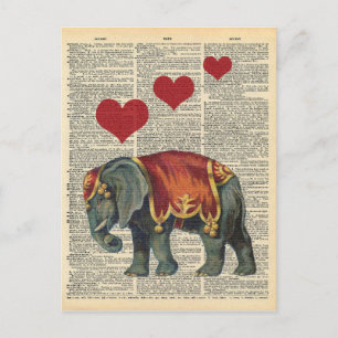 Vintage Dictionary Art Circus Elephant Love Postcard