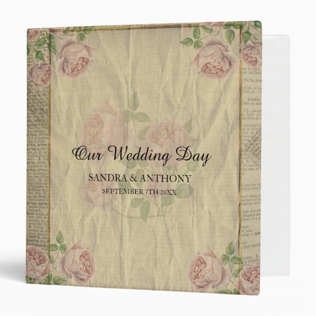 Vintage Dictionary Print with Roses Wedding Album Binder (Front/Inside)
